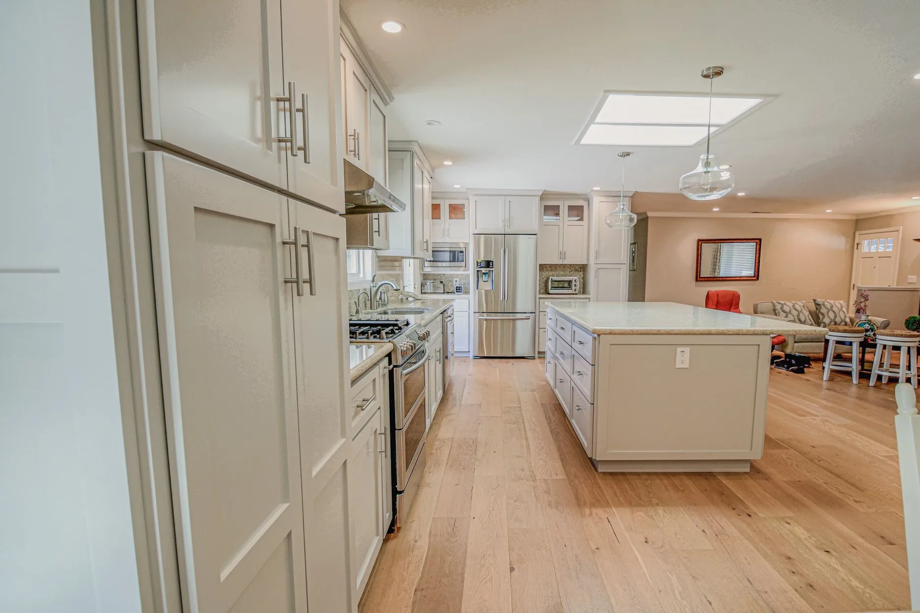 Tall cabinetry and the view to the family room